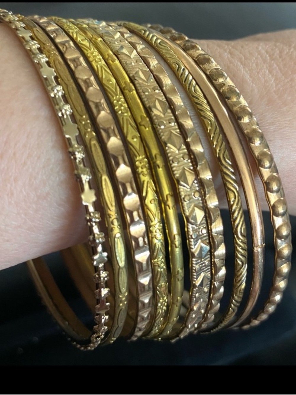 Vintage Gold Tone Assorted Stackable Bangle Bracelet Set of 10 Textured Engraved